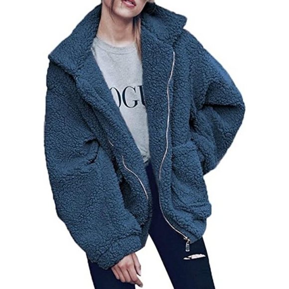FASHION Winter Coat Long Sleeve Lapel Zip Up Blue